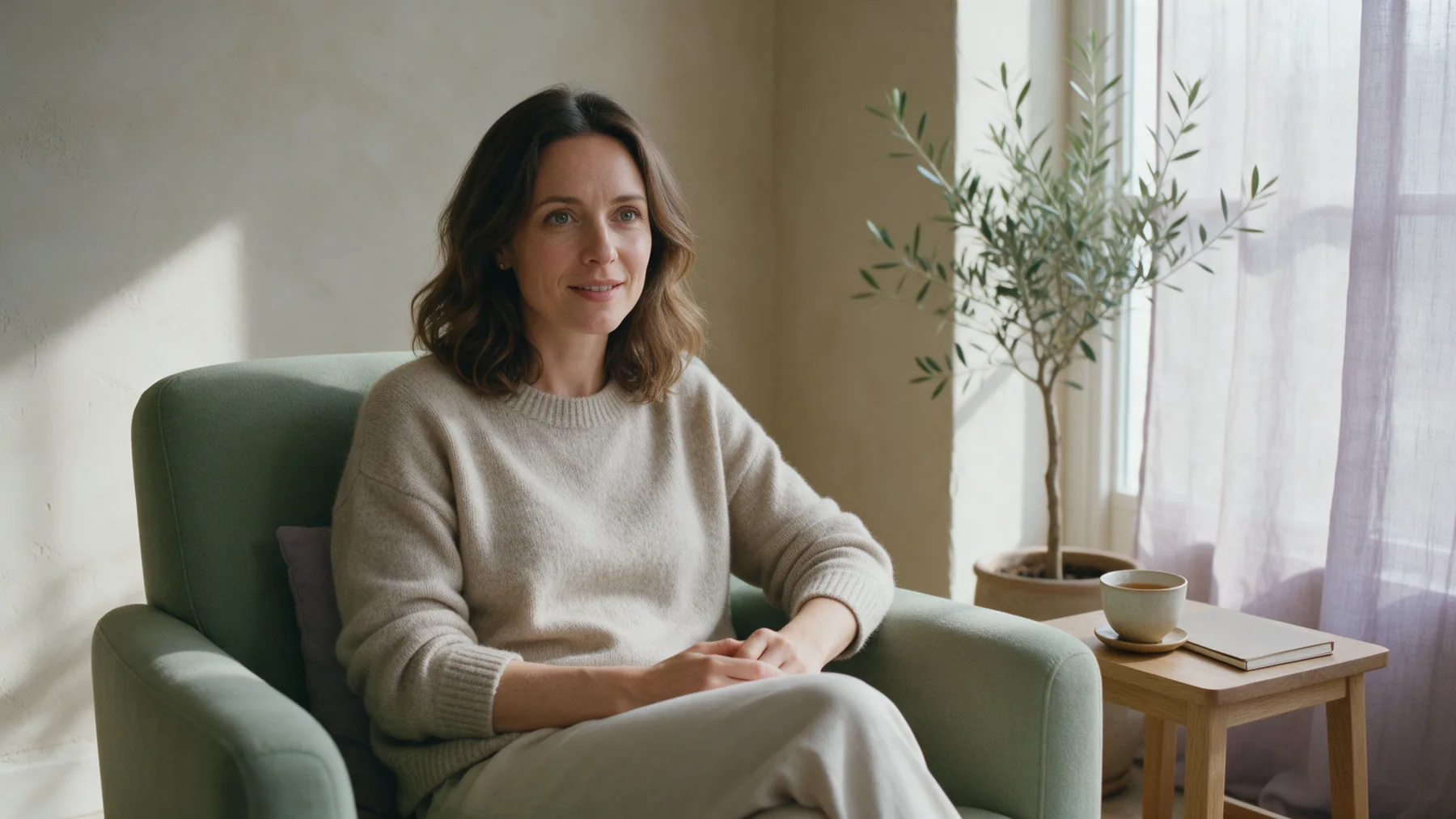 A psychologist in her light-filled practice, sitting in a sage armchair